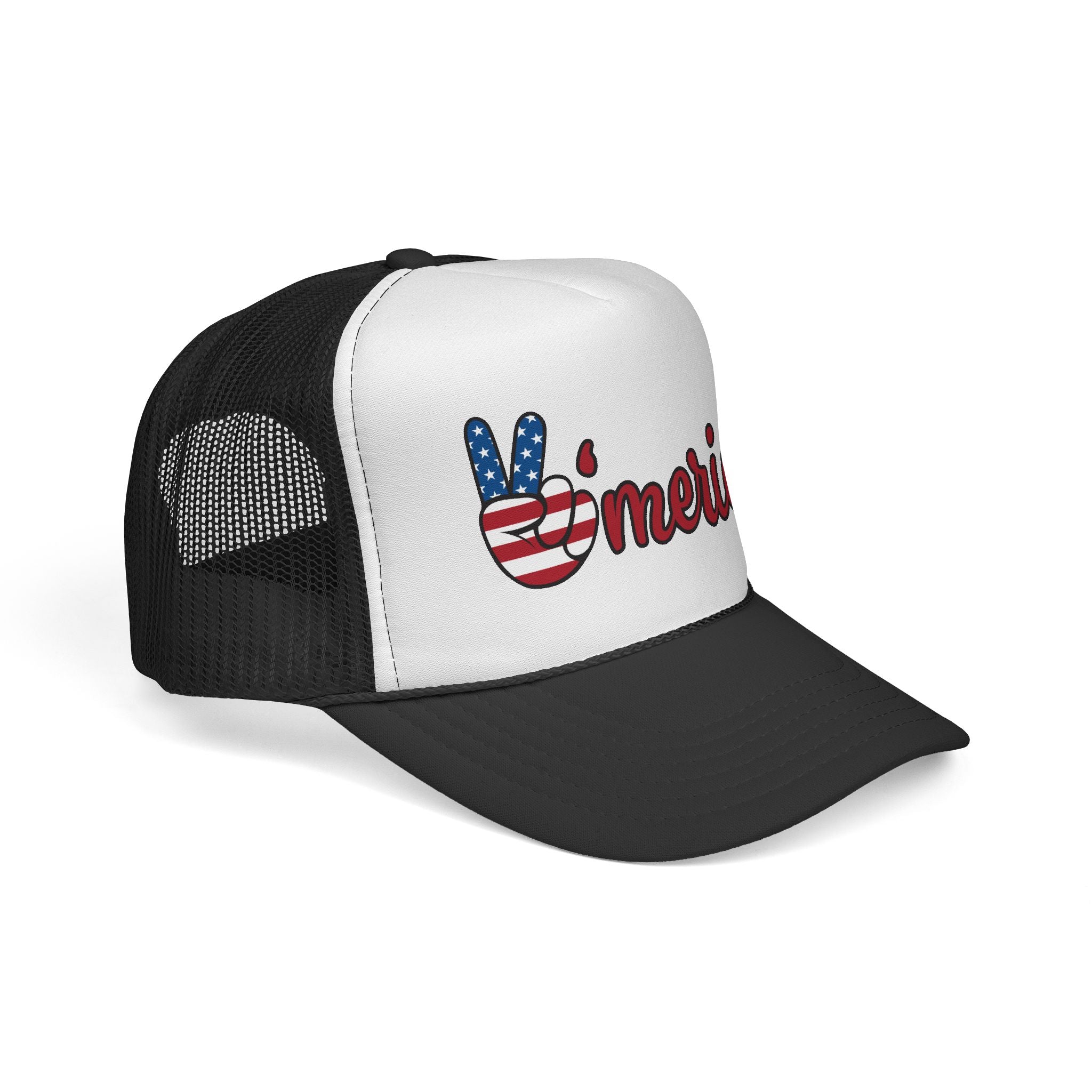 'Merica Trucker Hat – Patriotic Peace Sign Cap for 4th of July