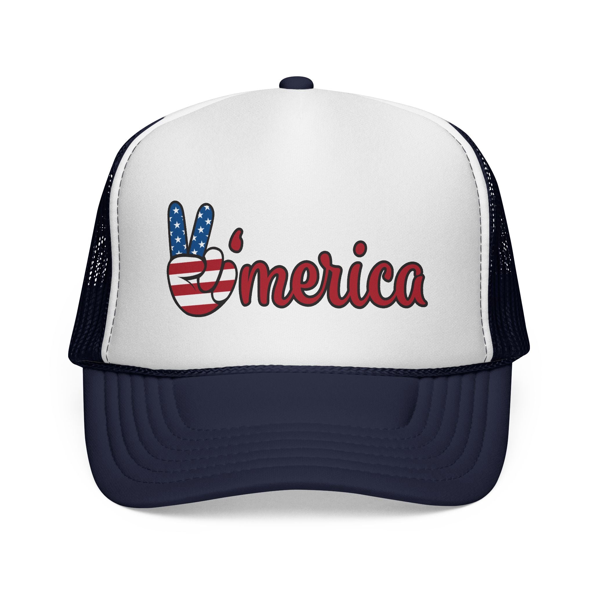 'Merica Trucker Hat – Patriotic Peace Sign Cap for 4th of July