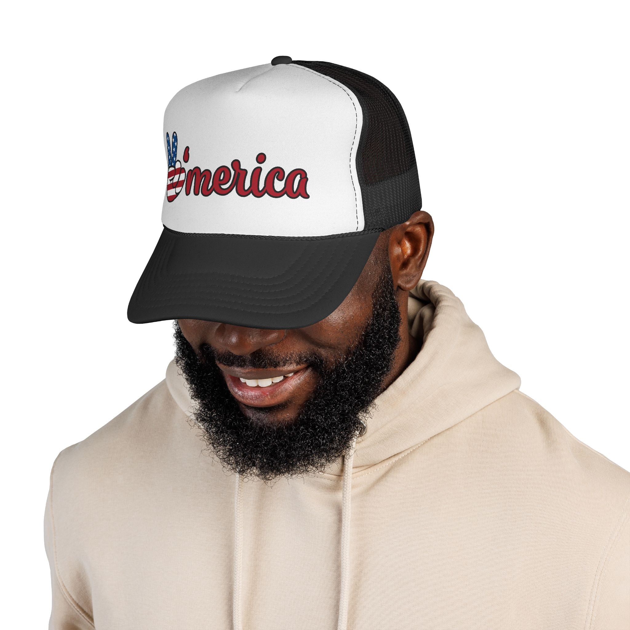 'Merica Trucker Hat – Patriotic Peace Sign Cap for 4th of July