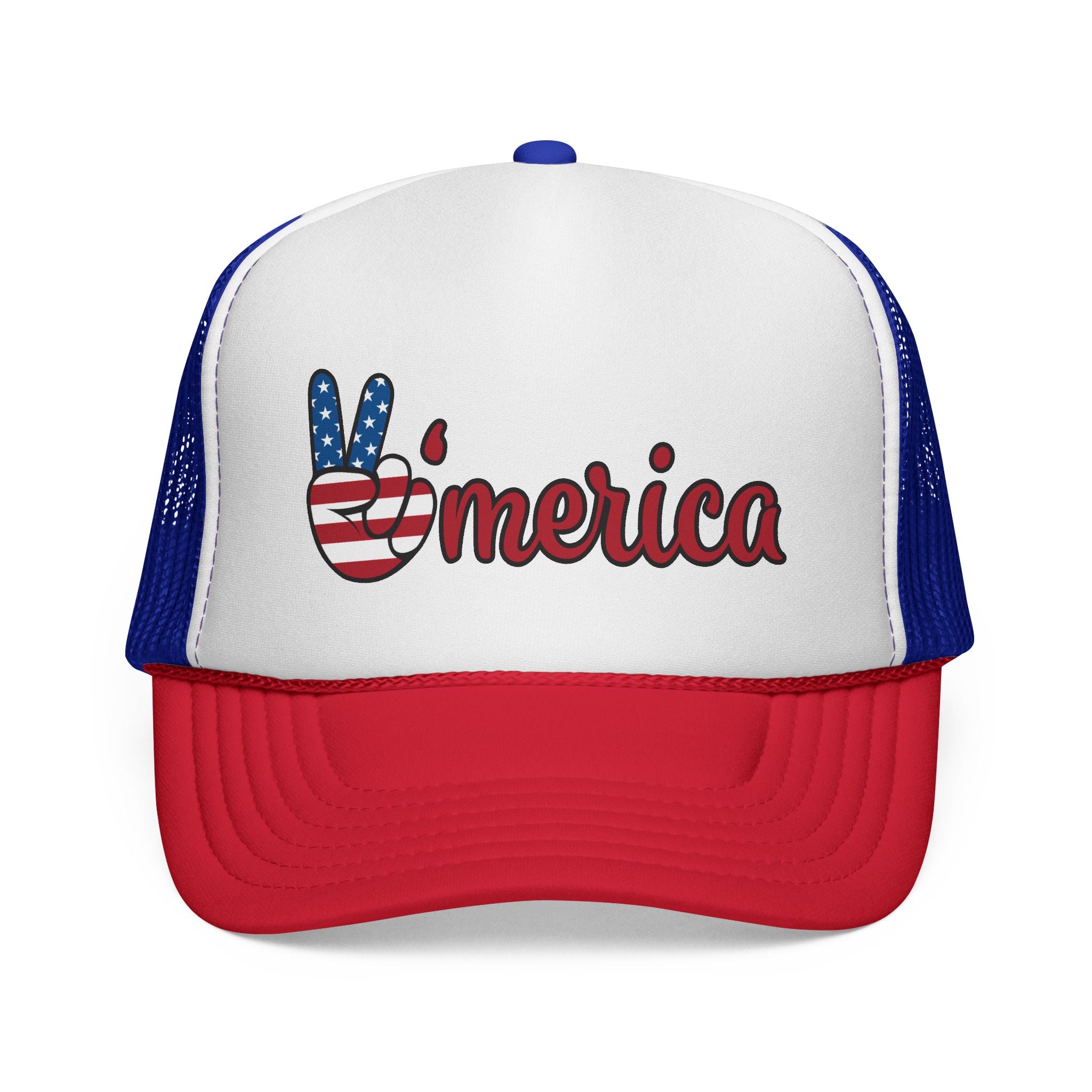 'Merica Trucker Hat – Patriotic Peace Sign Cap for 4th of July