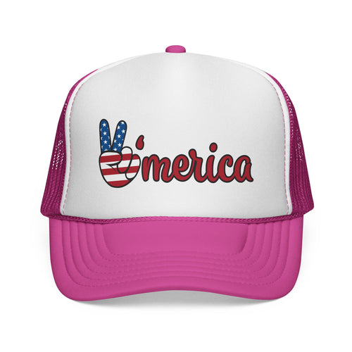 'Merica Trucker Hat – Patriotic Peace Sign Cap for 4th of July