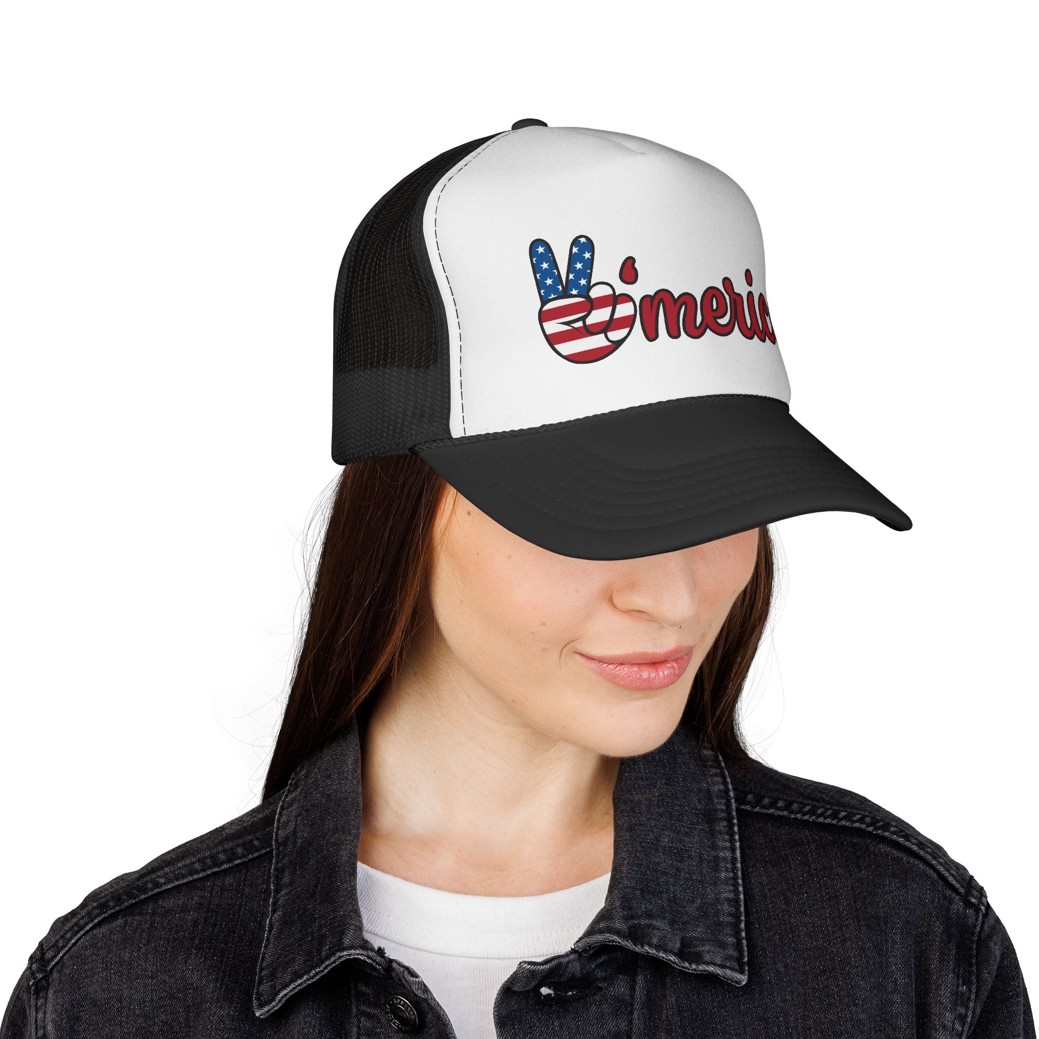 'Merica Trucker Hat – Patriotic Peace Sign Cap for 4th of July